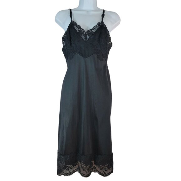 Vanity Fair Nylon Slip Black Size 34 Nightie Chemise Lace Adj Tricot USA VTG - Picture 1 of 9
